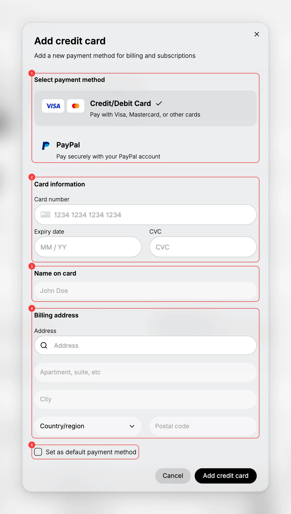 The Add credit card dialog with the payment method choice (1), the Card information fields (2), the Name on card field (3), the Billing address fields (4), and the Set as default payment method option (5)