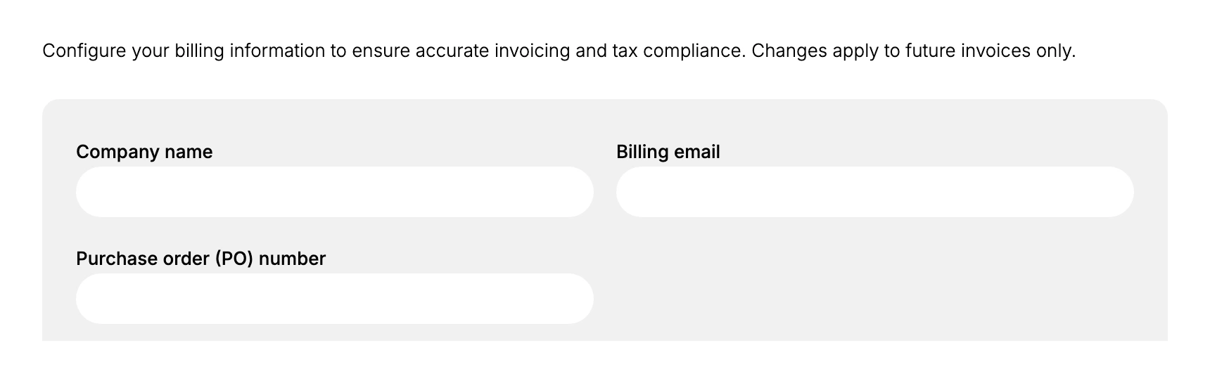 The Billing preferences form under Settings, then Billing: the Configure your billing information note, with the Company name, Billing email, and Purchase order (PO) number fields