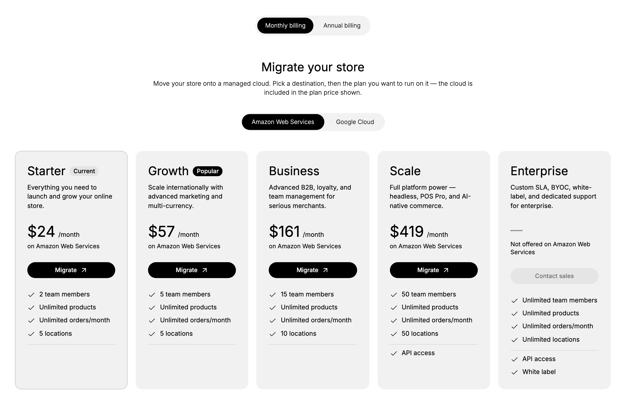 The Migrate Store tab with the billing toggle, the Migrate your store heading, a cloud selector for Amazon Web Services and Google Cloud, and each plan's price on the selected cloud, such as Starter at $24 per month on Amazon Web Services, with a Migrate action