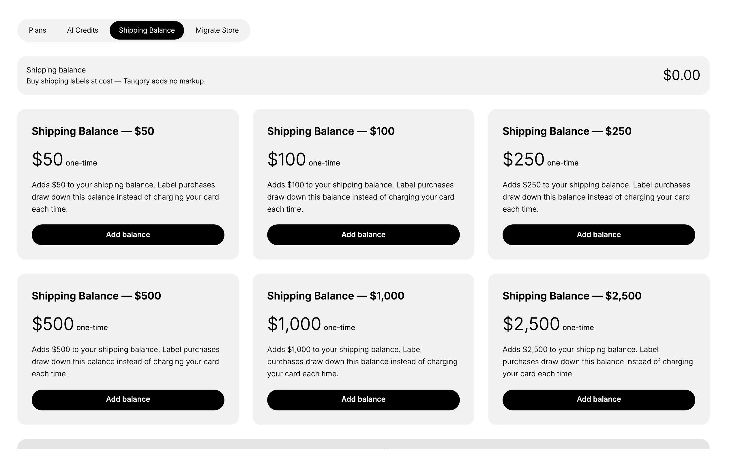 The Shipping Balance tab showing the current balance and one-time top-up amounts of $50, $100, $250, $500, $1,000, and $2,500, each adding that amount to the shipping balance