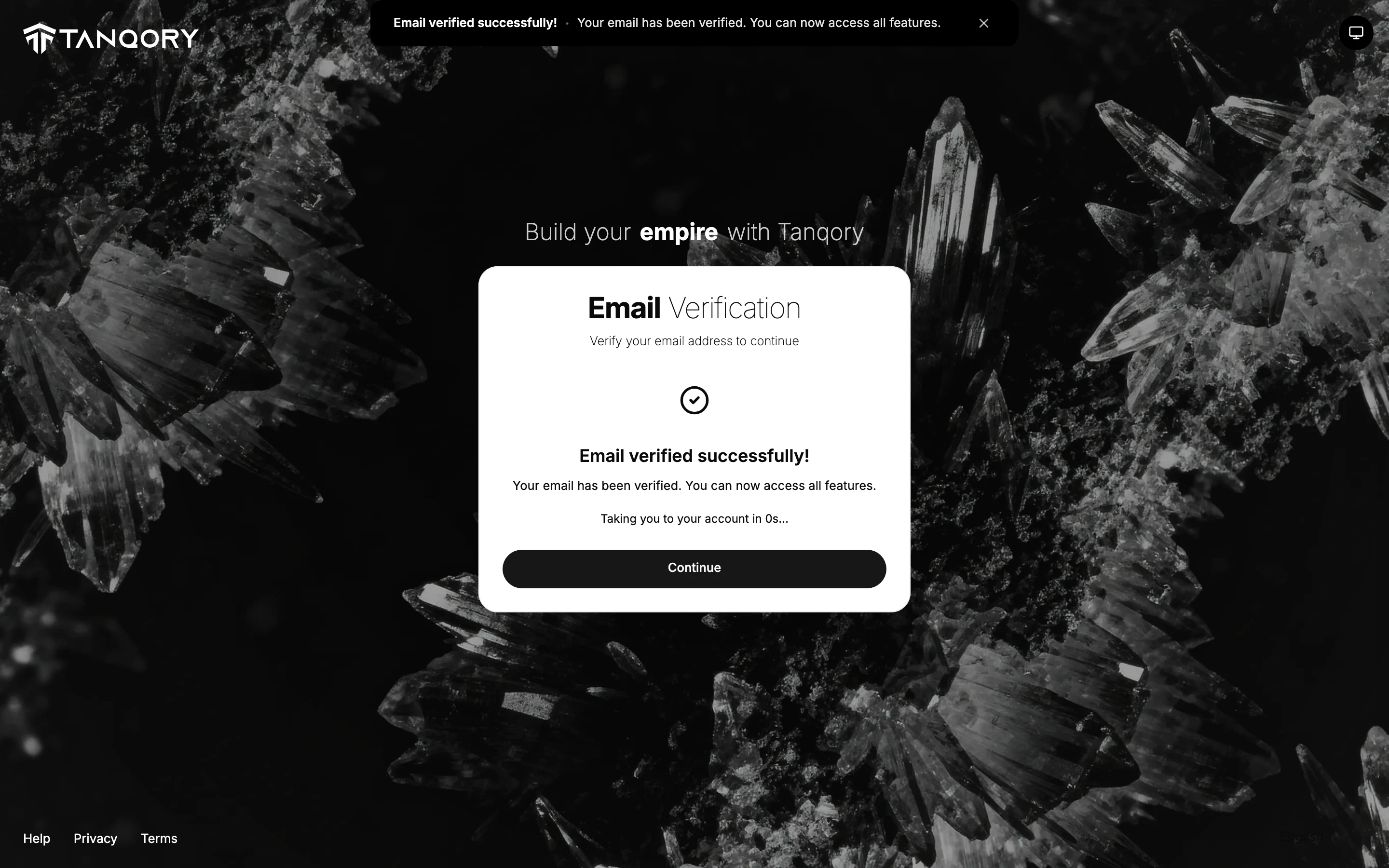 The verification page after the link in the email has been selected: an Email Verification heading over the line Verify your email address to continue, a tick in a circle, the words Email verified successfully, the line Your email has been verified. You can now access all features, a countdown reading Taking you to your account, and a Continue button.