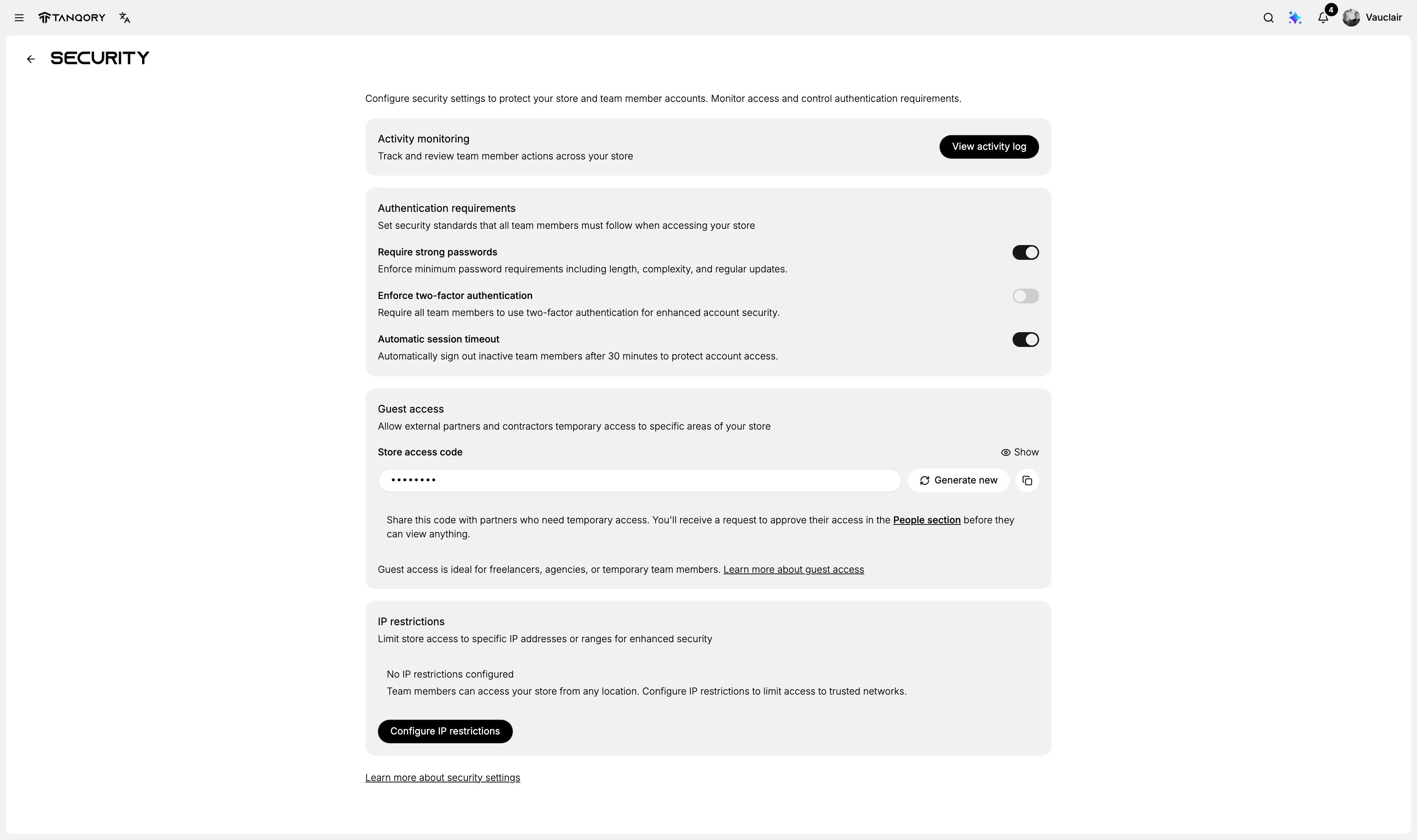 The whole Security page in one view, with all four sections complete: Activity monitoring, Authentication requirements and its three toggles, Guest access with a masked store access code, and IP restrictions showing none configured