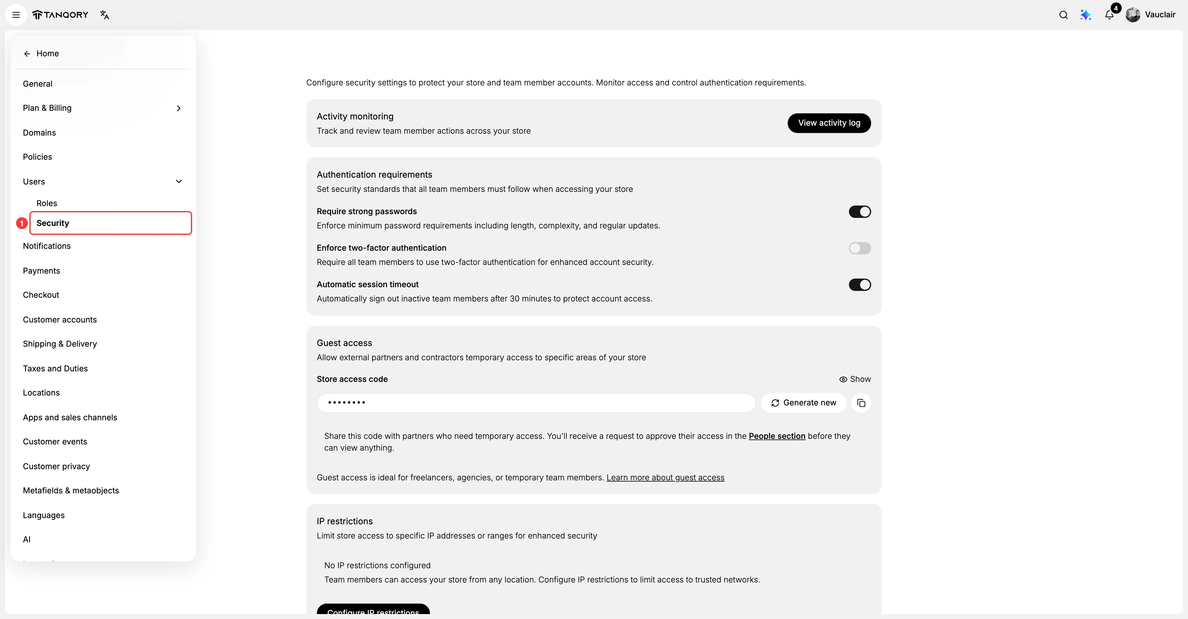The Settings menu with Users in the main list and Roles and Security indented beneath it, the Security entry (1) boxed as the page currently open, and the Security page itself alongside