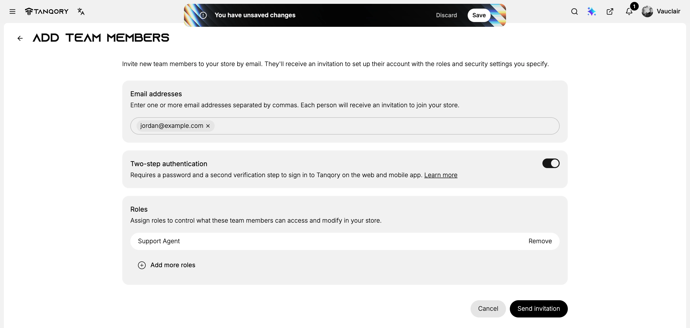 The Add team members form filled in, with the address entered as a tag, two-step authentication on, Support Agent assigned with Remove beside it, and Send invitation active