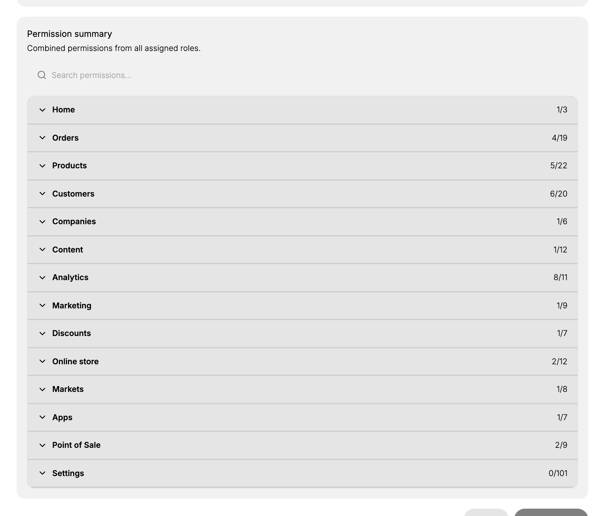 The Permission summary on the invite form with Viewer assigned, showing counts such as Orders 4 of 19, Analytics 8 of 11 and Settings 0 of 101