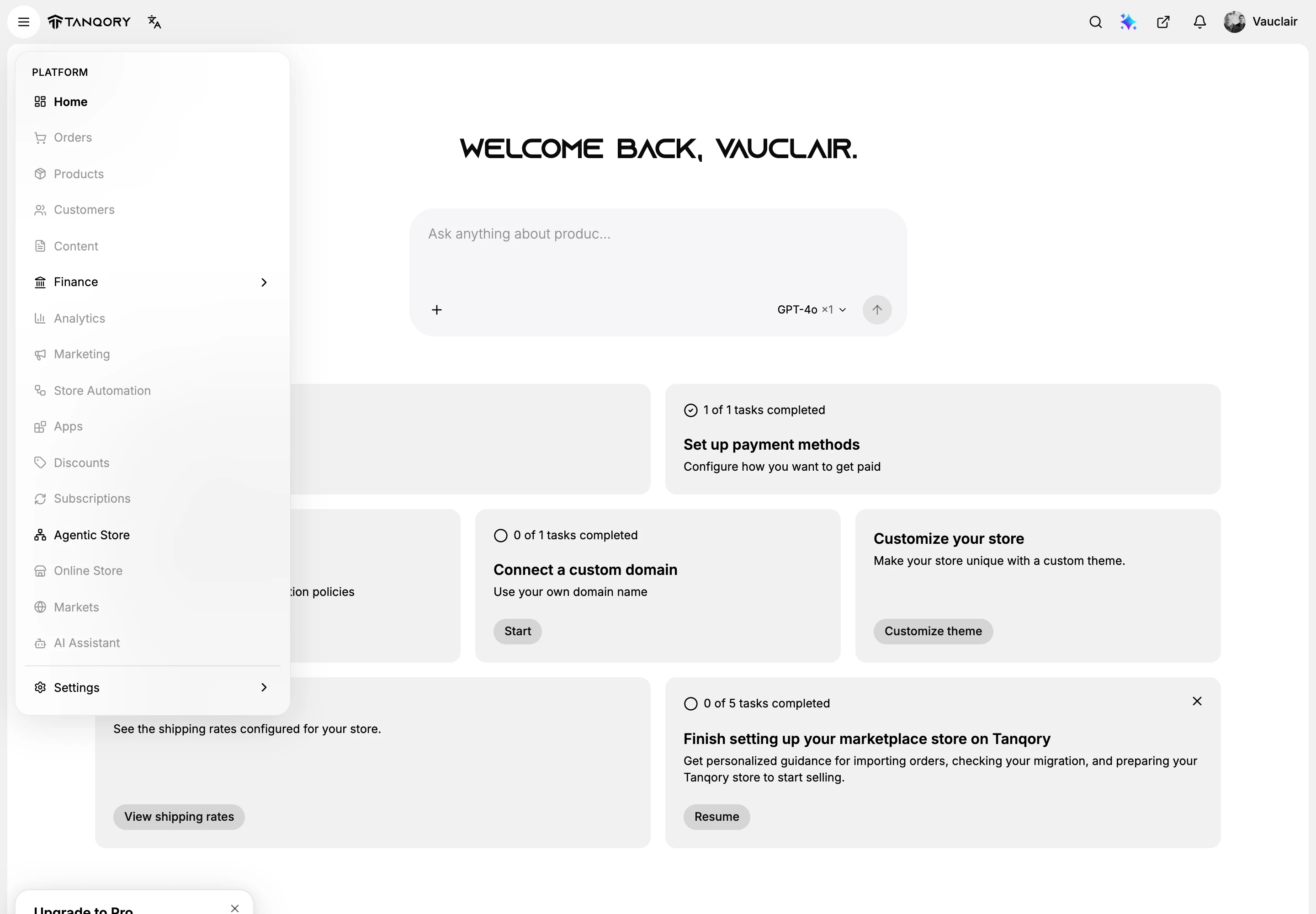 The navigation menu as a restricted team member sees it, with Home, Finance, Agentic Store and Settings in black and Orders, Products, Customers, Content, Analytics, Marketing, Store Automation, Apps, Discounts, Subscriptions, Online Store and Markets in grey