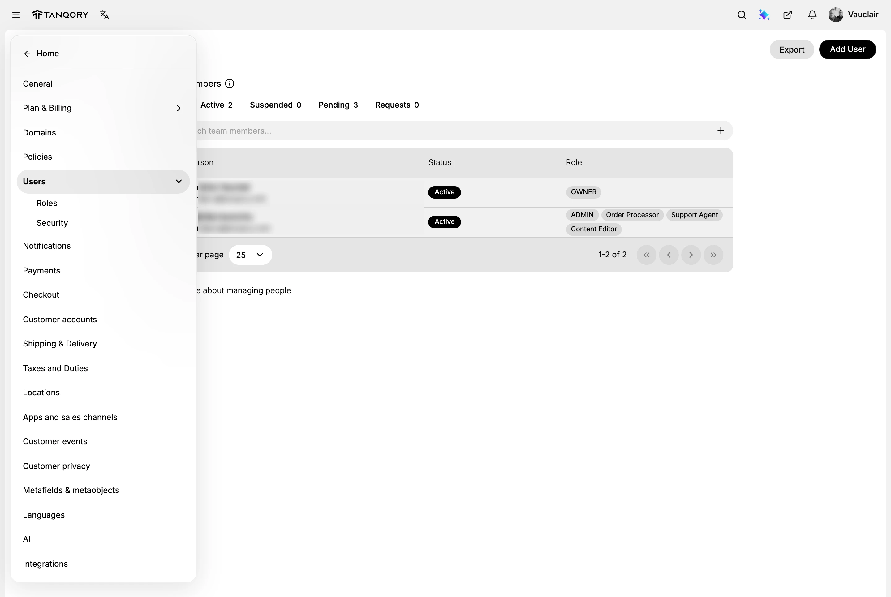 The navigation menu opened on the settings list, with Users selected and expanded to show Roles and Security beneath it