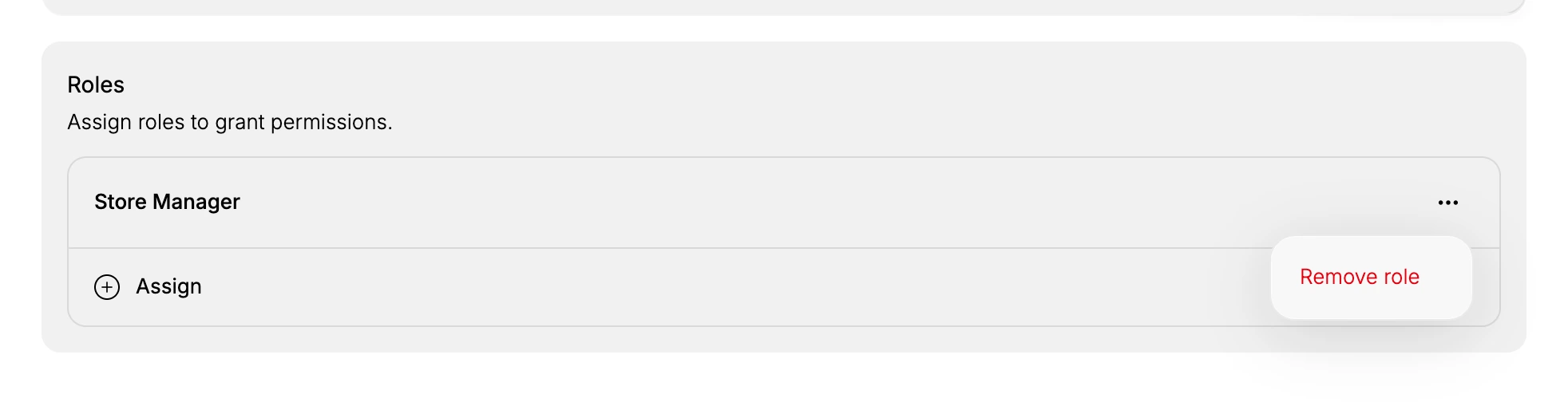 The three-dot menu open on a role row, showing a single Remove role option in red