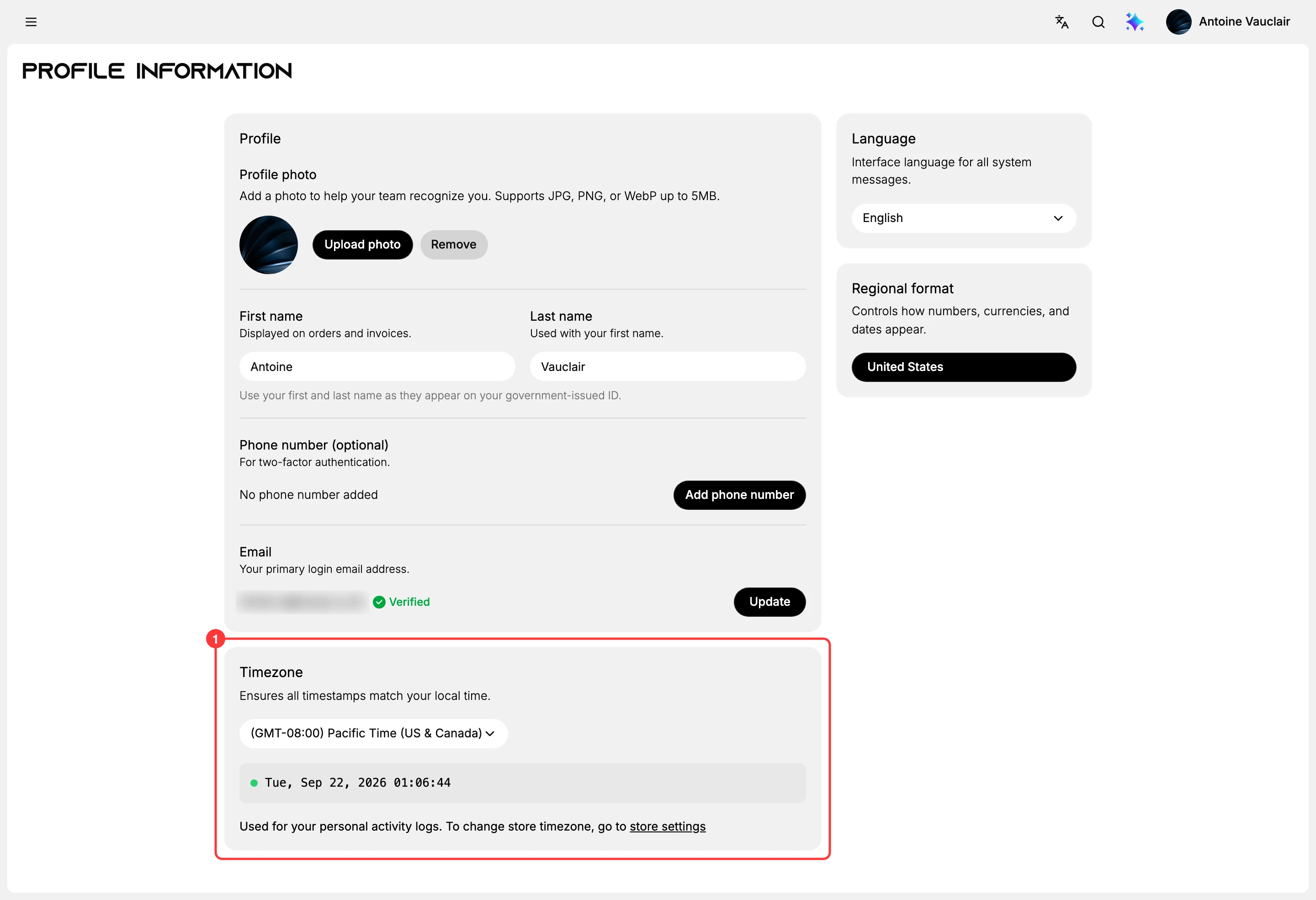 The profile page with the Timezone card (1) boxed, showing the selector, the current time beneath it, and the line about personal activity logs and where to change the store timezone
