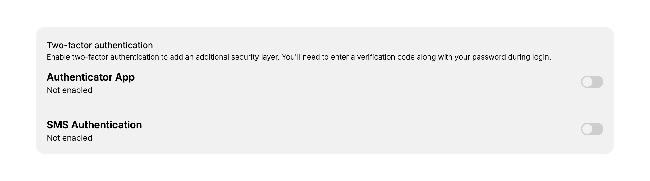 The Two-factor authentication section on your account Security page, with its description about entering a verification code along with your password, and two methods listed beneath it, Authenticator App and SMS Authentication, both marked Not enabled with a toggle each