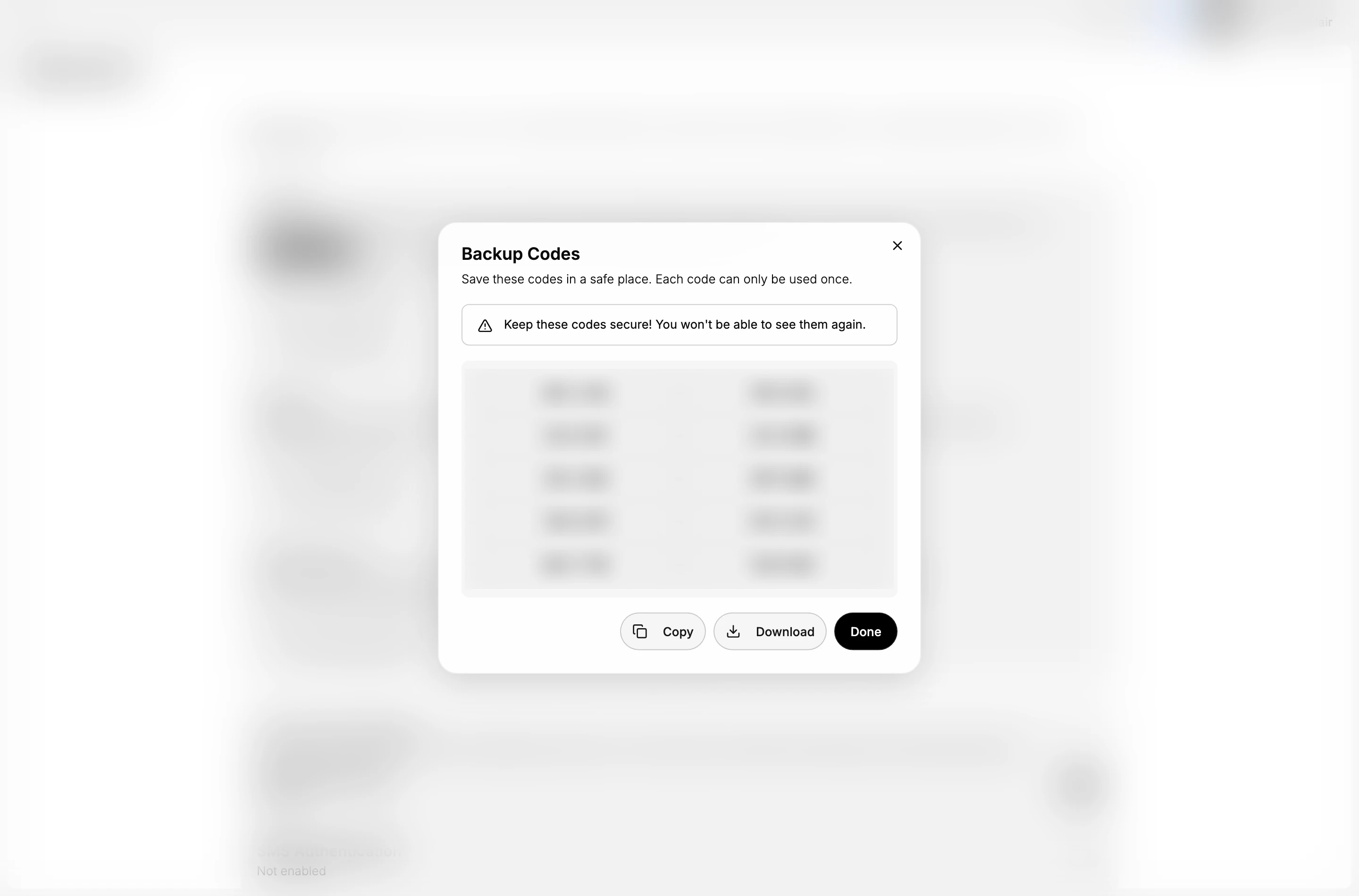 The Backup Codes screen, with a warning that the codes cannot be shown again, ten one-time codes in two columns, and Copy, Download and Done buttons. The codes themselves are deliberately obscured