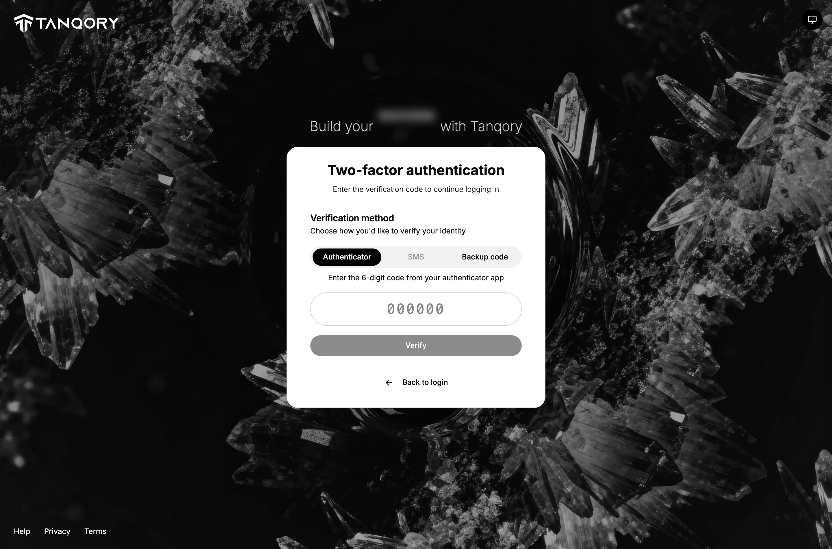 The two-factor prompt during log-in, headed Two-factor authentication over Enter the verification code to continue logging in, with a Verification method row offering Authenticator, SMS and Backup code, a six-digit code field, a Verify button and Back to login