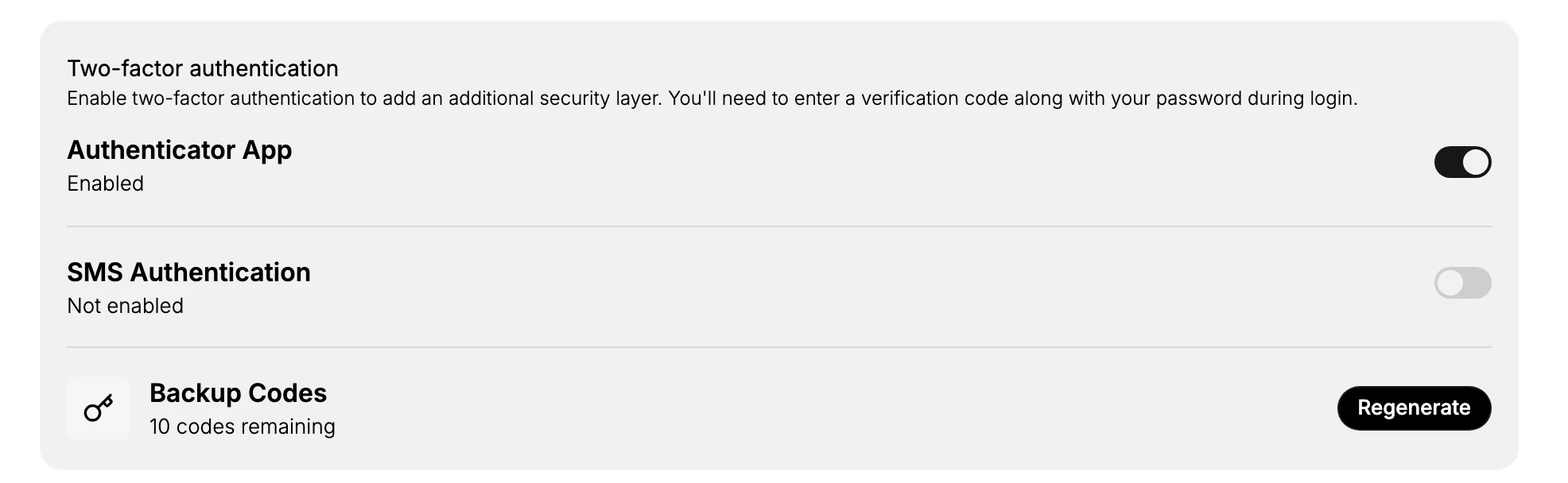 The Two-factor authentication section after a method is on, with Authenticator App marked Enabled and its toggle switched on, SMS Authentication still Not enabled, and a Backup Codes row reading 10 codes remaining with a Regenerate button