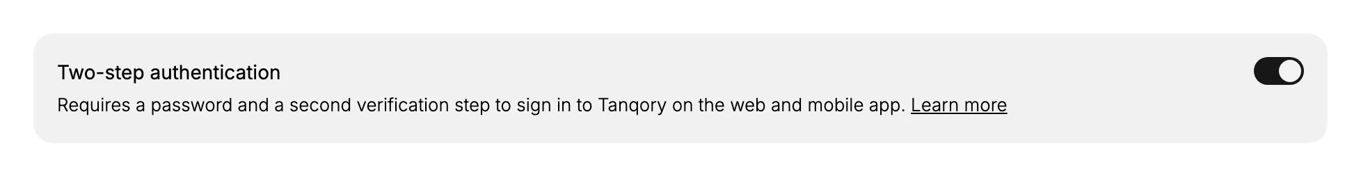 The Two-step authentication setting on the Add team members form, described as requiring a password and a second verification step to log in to Tanqory on the web and mobile app, with its toggle