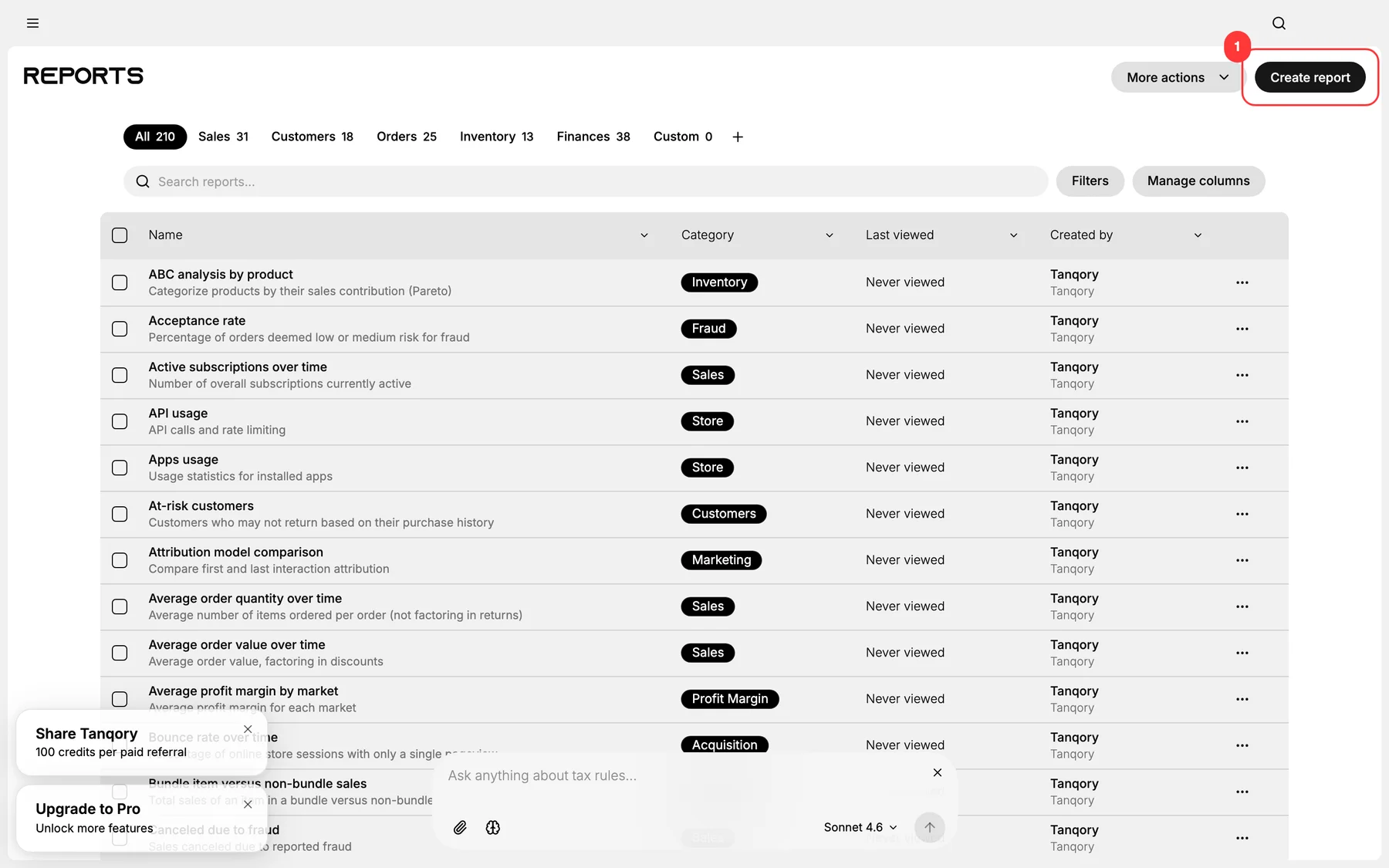 Step 1: Reports catalog with Create report action