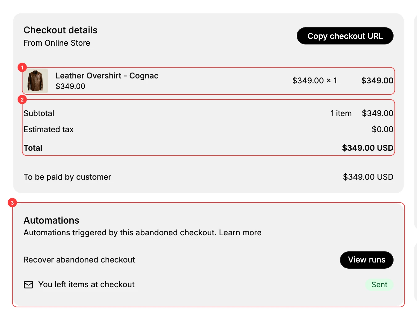 A checkout's detail: the items left behind (1), the totals (2), and the automations that ran on it (3)