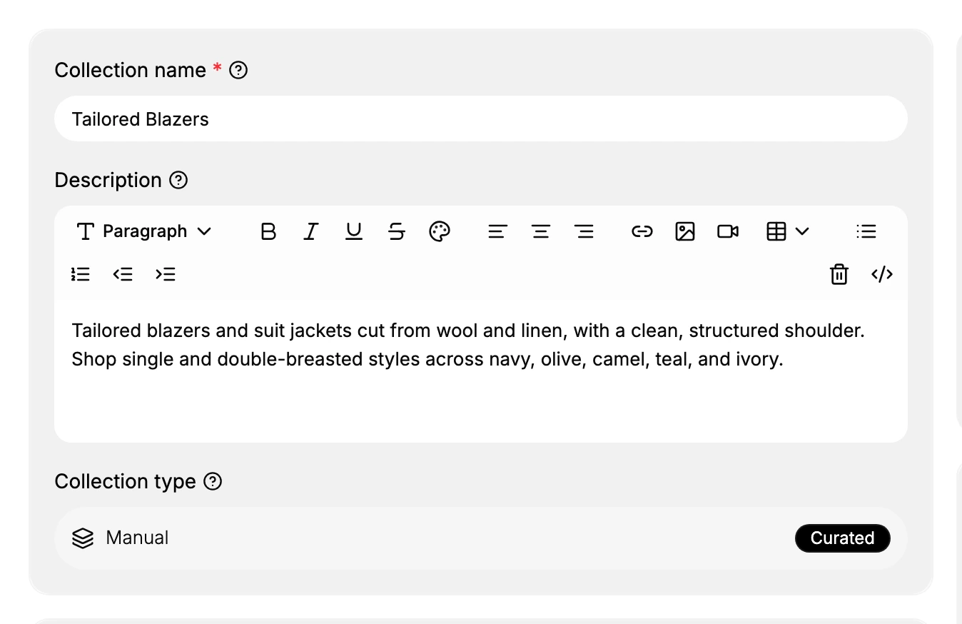 Step 2: The create form with a name and description filled in - the required Collection name and the rich-text Description