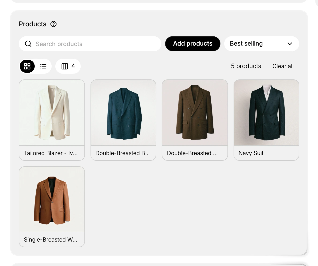 Step 4a (Manual): the Products section with five products added - the Search products box, Add products, the sort control, and the grid of added products