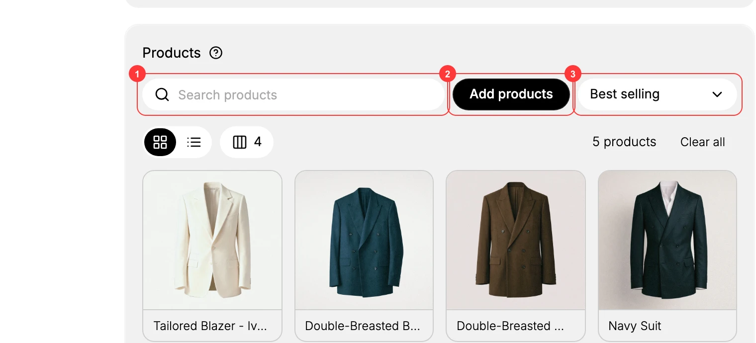 Step 2: The Products section with five products added - the Search products box (1), Add products (2), the sort control (3), and the grid of added products