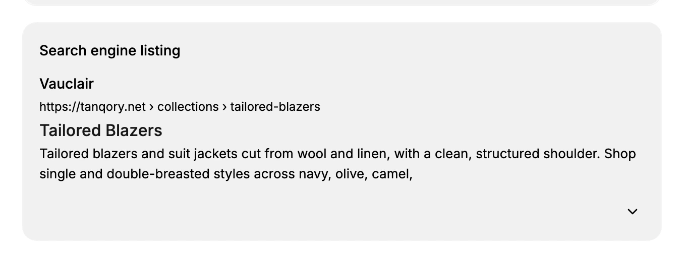 The Search engine listing preview on a collection: the site name, the URL ending in the collection's handle, the Page title, and the summary that appears beneath it in a search result