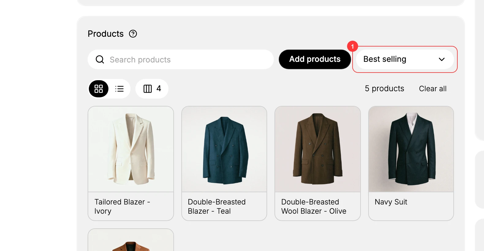 Step 1: In the Products section, the Sort control (1) sits on the right, next to Add products, and shows the current order