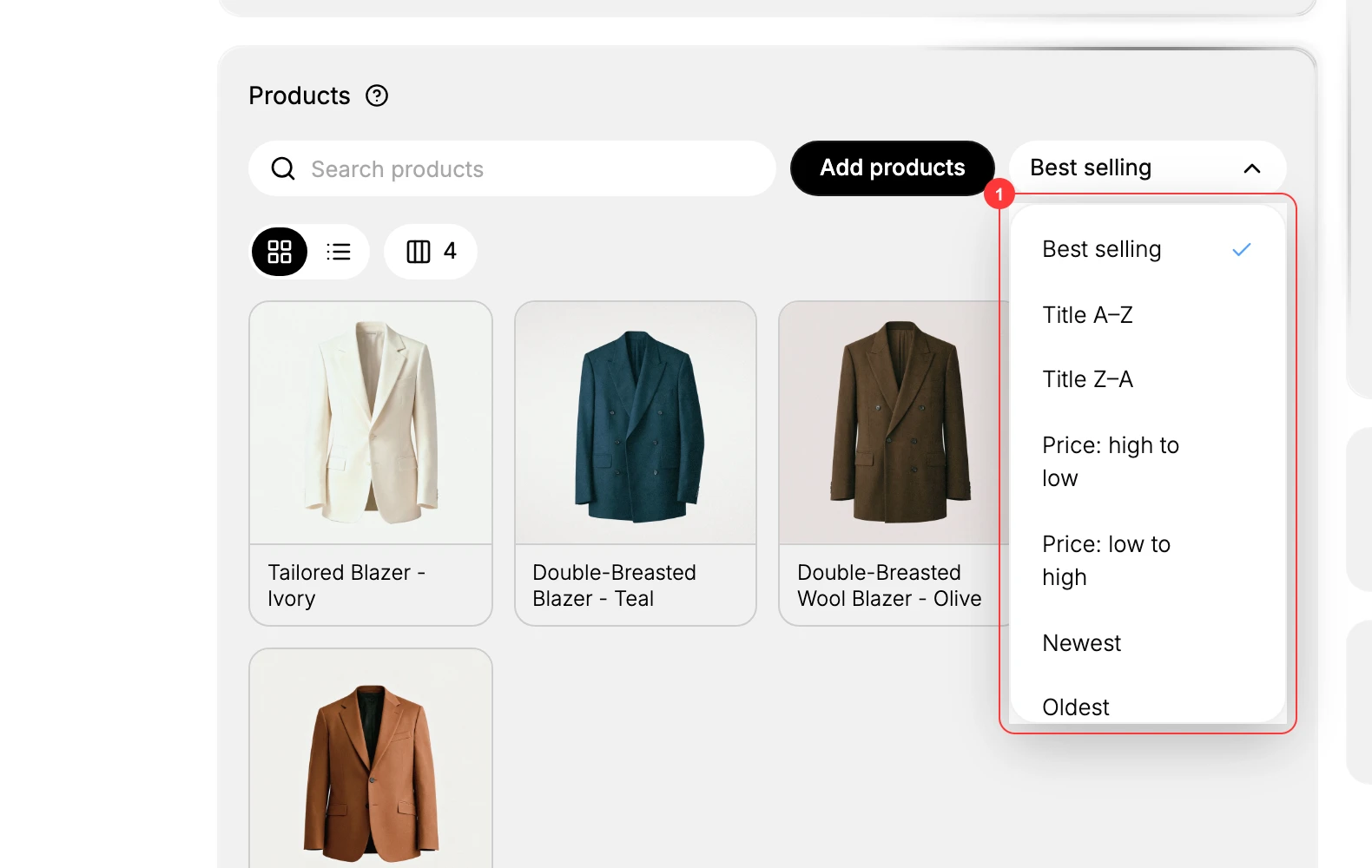 Step 2: Clicking the Sort control opens a dropdown (1) of the orders; pick one and the products reorder to preview it