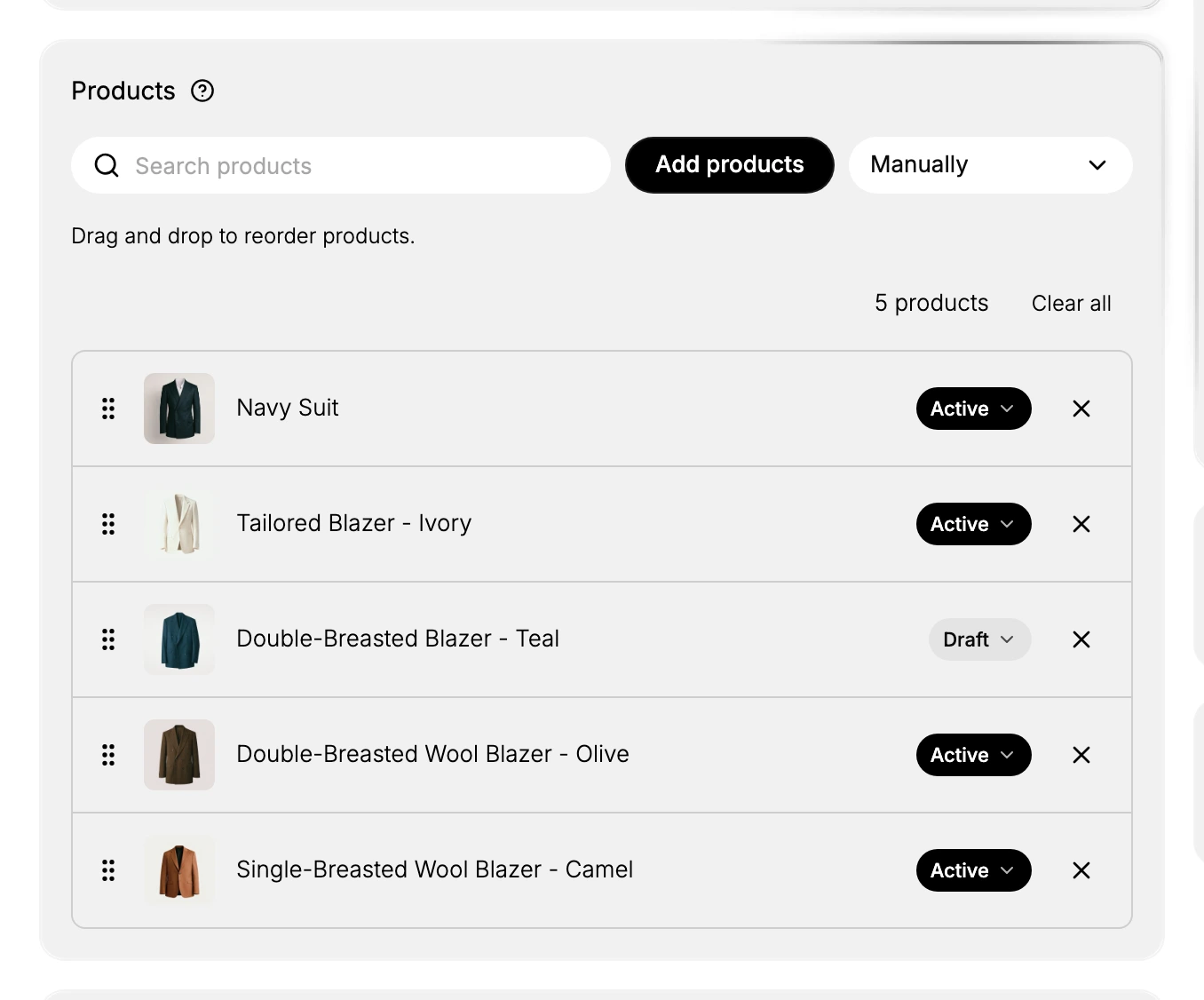 Step 3: With Sort set to Manually, each product gets a drag handle so you can drag it into the exact order you want