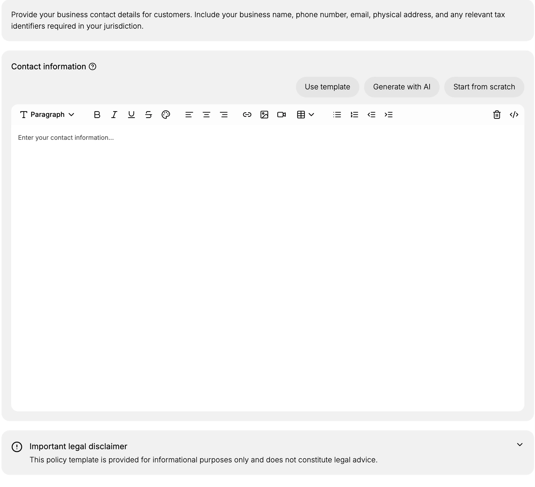 The Contact information editor: the description, the content area with the Use template, Generate with AI, and Start from scratch buttons, the rich-text editor, and the Important legal disclaimer below it