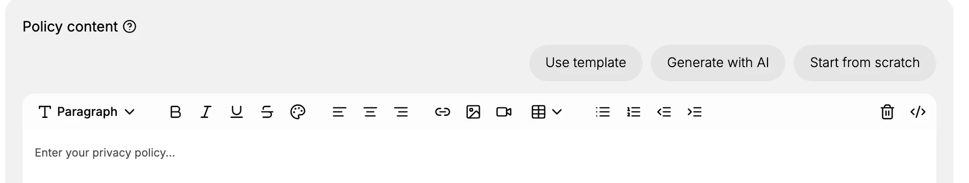 The Policy content area with Use template, Generate with AI, and Start from scratch options above a rich-text editor toolbar.