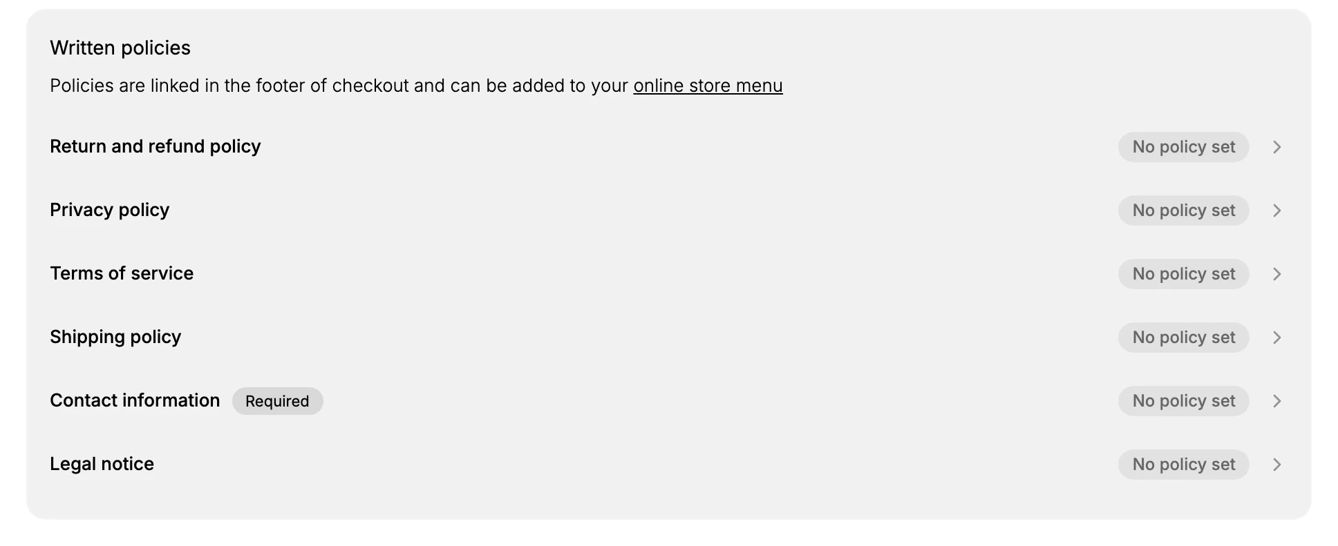 The Written policies section under Settings, then Policies, where Privacy policy sits alongside the store's other policies