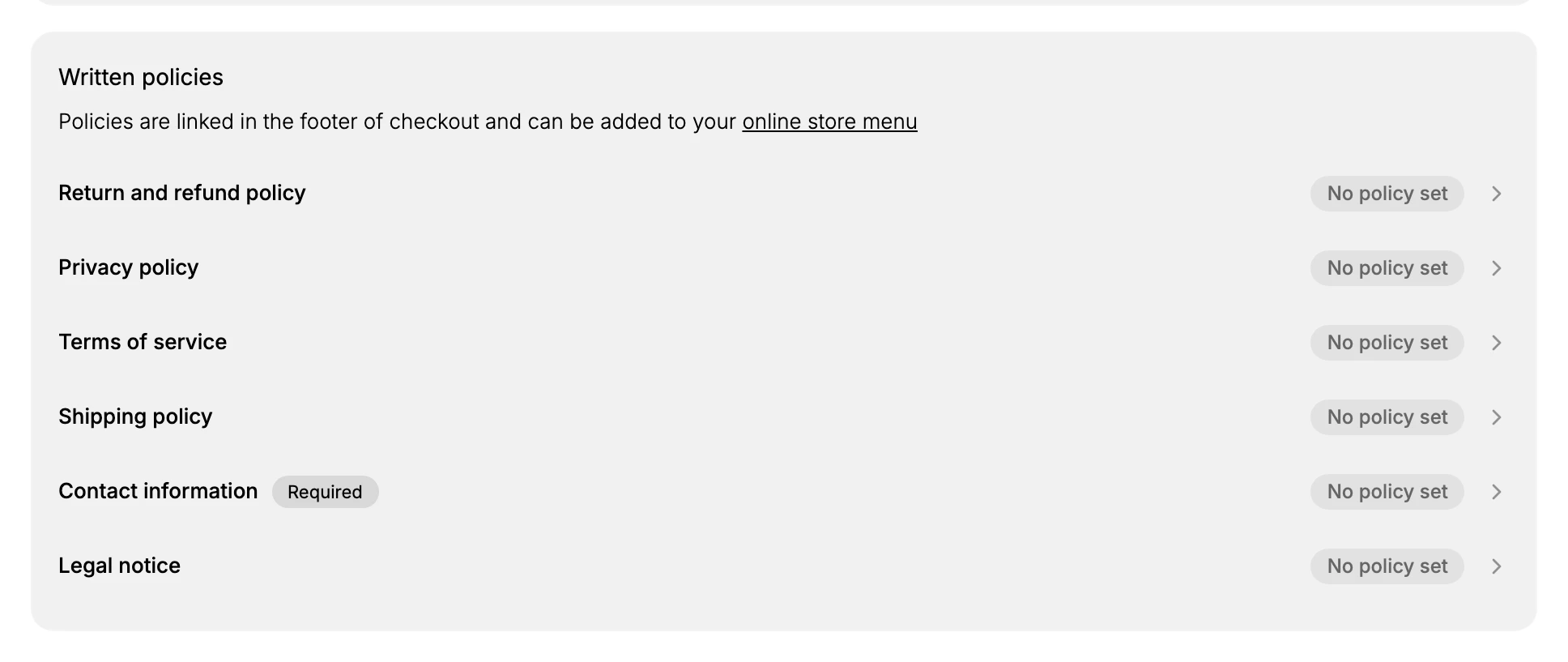The Written policies section listing Return and refund policy, Privacy policy, Terms of service, Shipping policy, Contact information marked Required, and Legal notice, each showing No policy set.