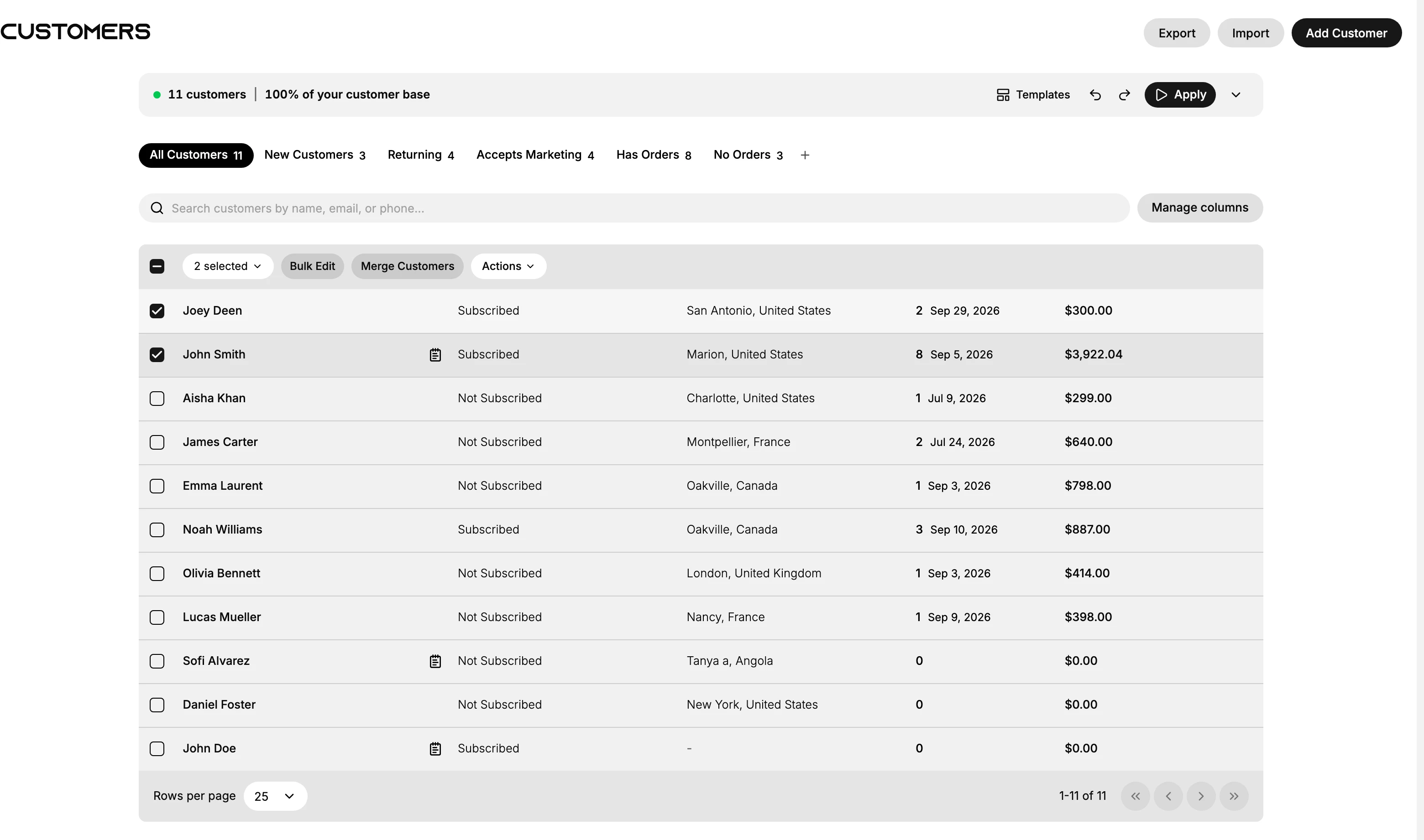 The Customers list with two rows ticked. The bar above the rows reads 2 selected and holds Bulk Edit, Merge Customers and Actions, and the two ticked customers are the first two rows of the table