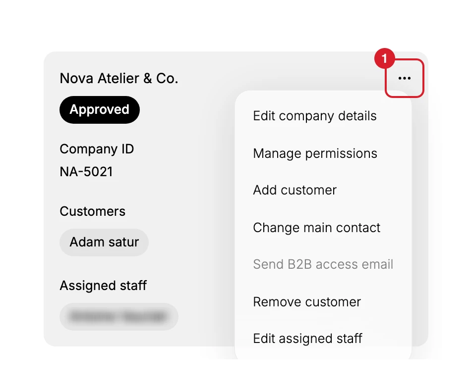 The company card for Nova Atelier & Co., with (1) the three dots at its top right boxed in red and the menu open beneath them: Edit company details, Manage permissions, Add customer, Change main contact, Send B2B access email in grey, Remove customer and Edit assigned staff. The assigned staff name on the card is blurred here.