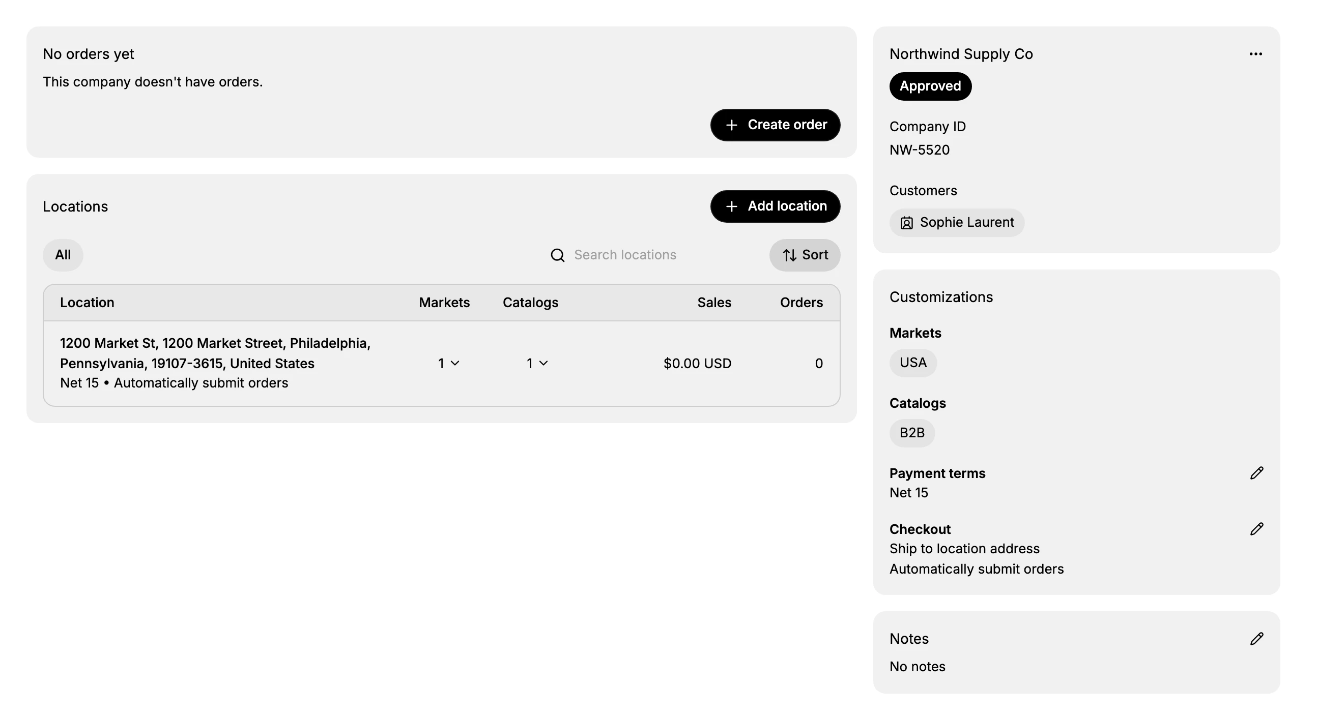 A company's page for Northwind Supply Co. On the left the orders area with Create order and the Locations panel, holding one location in Philadelphia with Net 15 and Automatically submit orders beneath it. On the right the company card showing the Approved badge, Company ID NW-5520 and a customer, Sophie Laurent, then Customizations with Markets USA, Catalogs B2B, Payment terms Net 15 and the Checkout rules, then Notes.