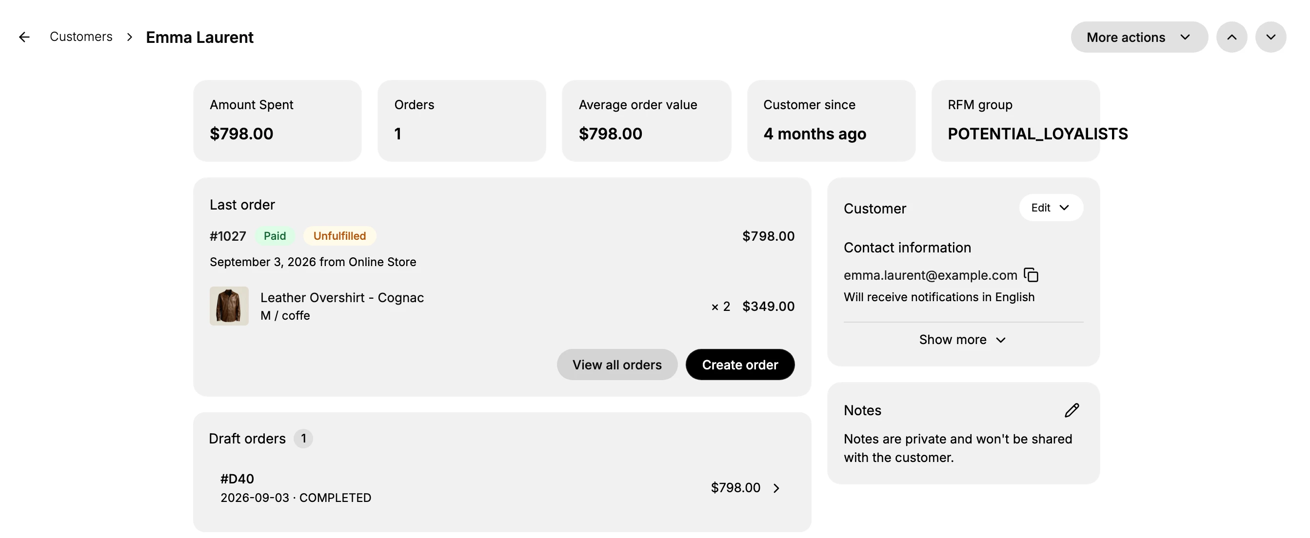 The top of a customer detail page. A breadcrumb reads Customers then Emma Laurent, with More actions and two chevron buttons at the right for stepping to the previous and next customer. Below sit five tiles: Amount Spent $798.00, Orders 1, Average order value $798.00, Customer since 4 months ago and RFM group POTENTIAL_LOYALISTS. Under them the Last order card holds order #1027 with its line item and the View all orders and Create order buttons, the Draft orders card holds one completed draft, and the Customer and Notes cards sit in the right column