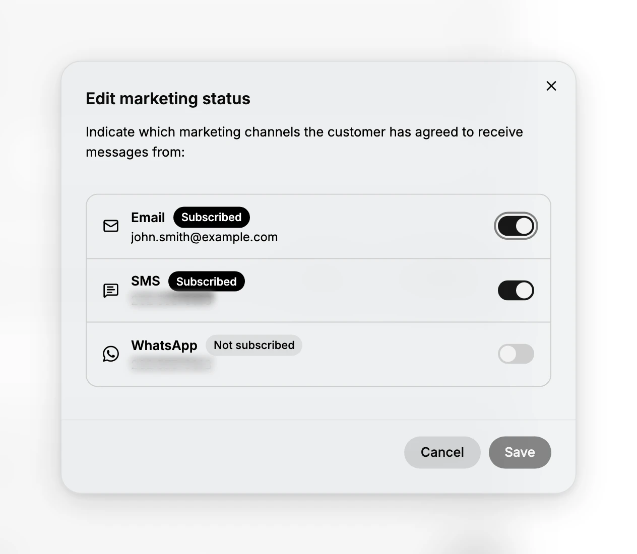 The Edit marketing status dialog. Under the line asking which marketing channels the customer has agreed to receive messages from are three rows: Email, marked Subscribed, with the customer's address and a toggle switched on; SMS, marked Subscribed, with their number blurred here and a toggle switched on; and WhatsApp, marked Not subscribed, with the same blurred number and a toggle switched off. Cancel and Save sit at the foot