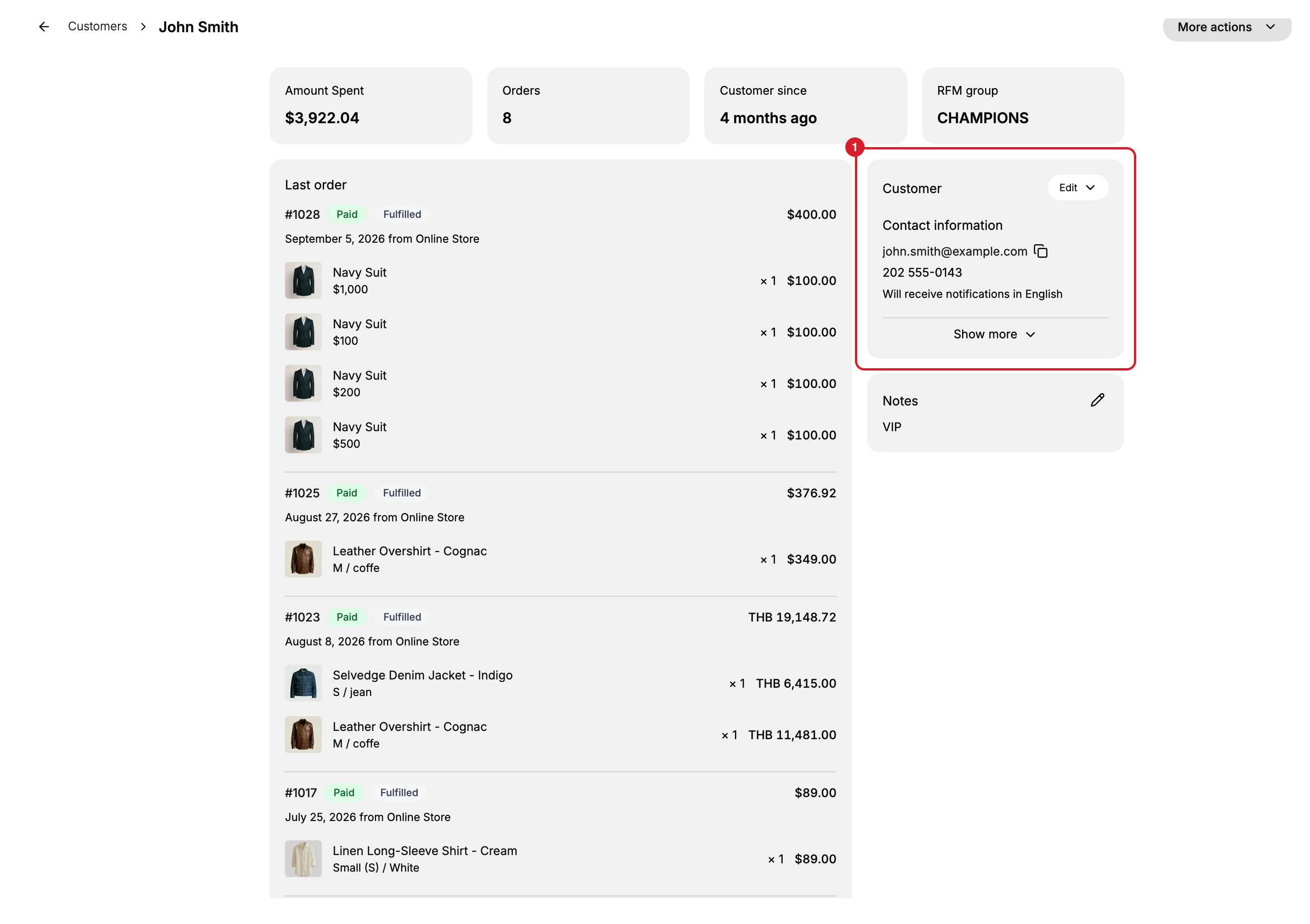 A customer's page in the admin. (1) the Customer panel in the right-hand column, holding Contact information and the Edit control at its top right, above the Notes card