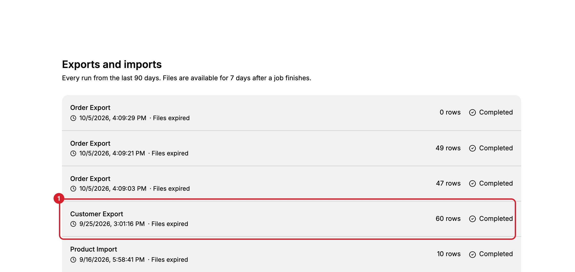The Exports and imports page in the admin, headed Exports and imports over the line saying every run from the last 90 days, with files available for 7 days after a job finishes. Five rows are in view: three Order Export rows, then (1) a Customer Export row reading 60 rows and Completed with Files expired beside its date, then a Product Import row. The list continues below