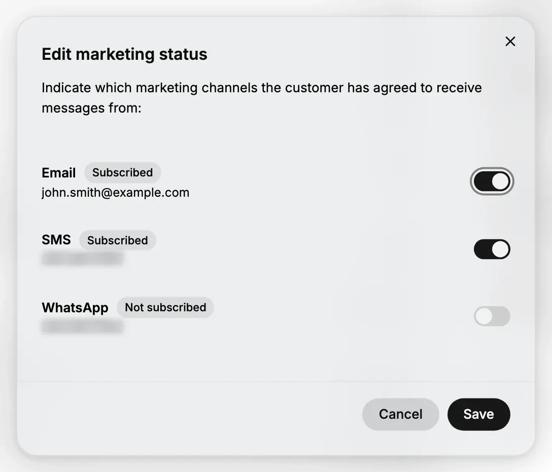 The Edit marketing status window. It reads "Indicate which marketing channels the customer has agreed to receive messages from:" and lists Email badged Subscribed with the customer's email address and its switch on, SMS badged Subscribed with the phone number and its switch on, and WhatsApp badged Not subscribed with the same phone number and its switch off. Cancel and Save sit at the foot, with the phone number on the SMS and WhatsApp rows blurred here