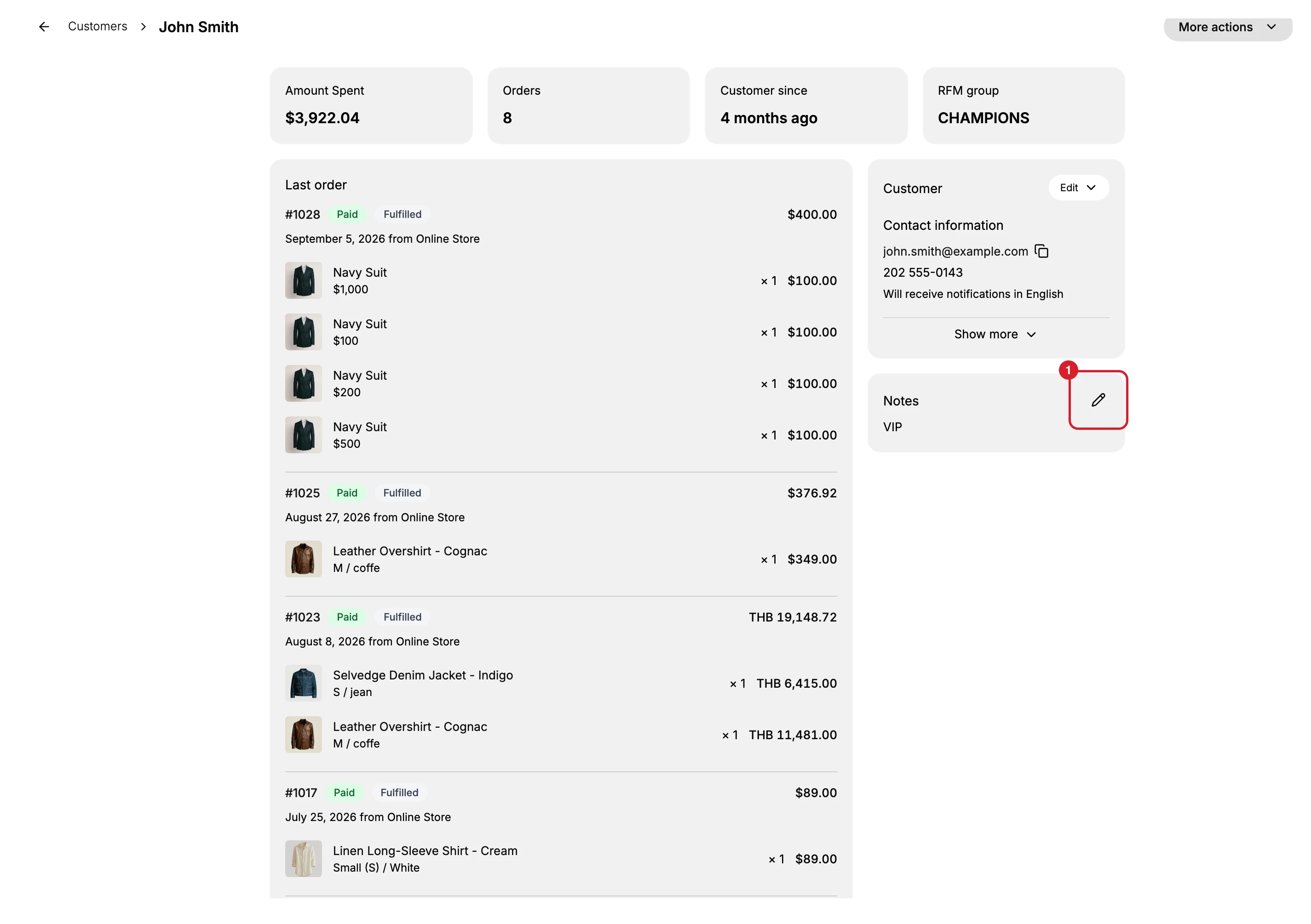 A customer's page in the admin, with the right-hand column carrying the Customer card and below it the Notes card, which holds the note VIP. (1) the pencil at the top right of that card, the only control on it