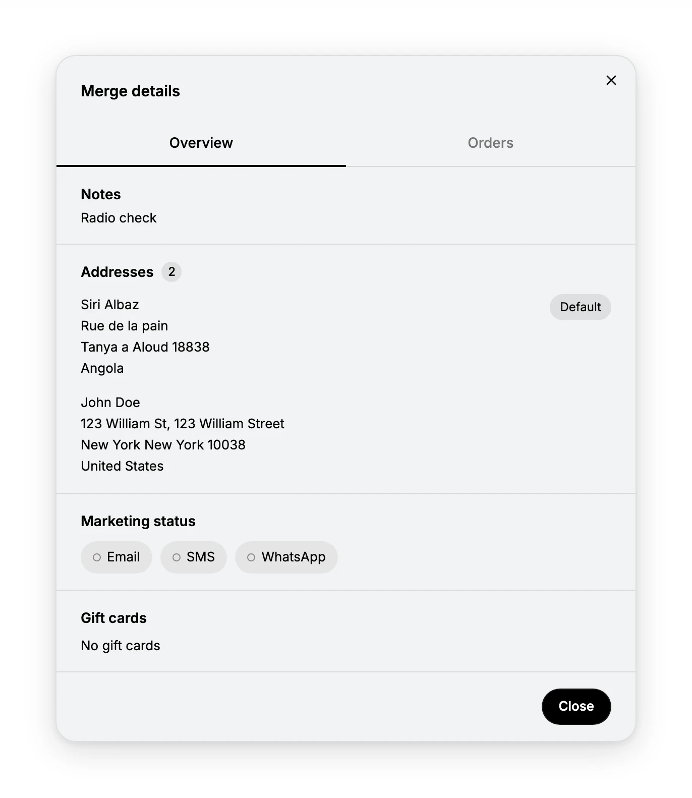 The Merge details window on the Overview tab, with an Orders tab beside it. Notes shows the primary's note, Addresses shows a count of 2 with both addresses listed and one badged Default, Marketing status shows chips for Email, SMS and WhatsApp, and Gift cards reads No gift cards. A Close button sits at the foot
