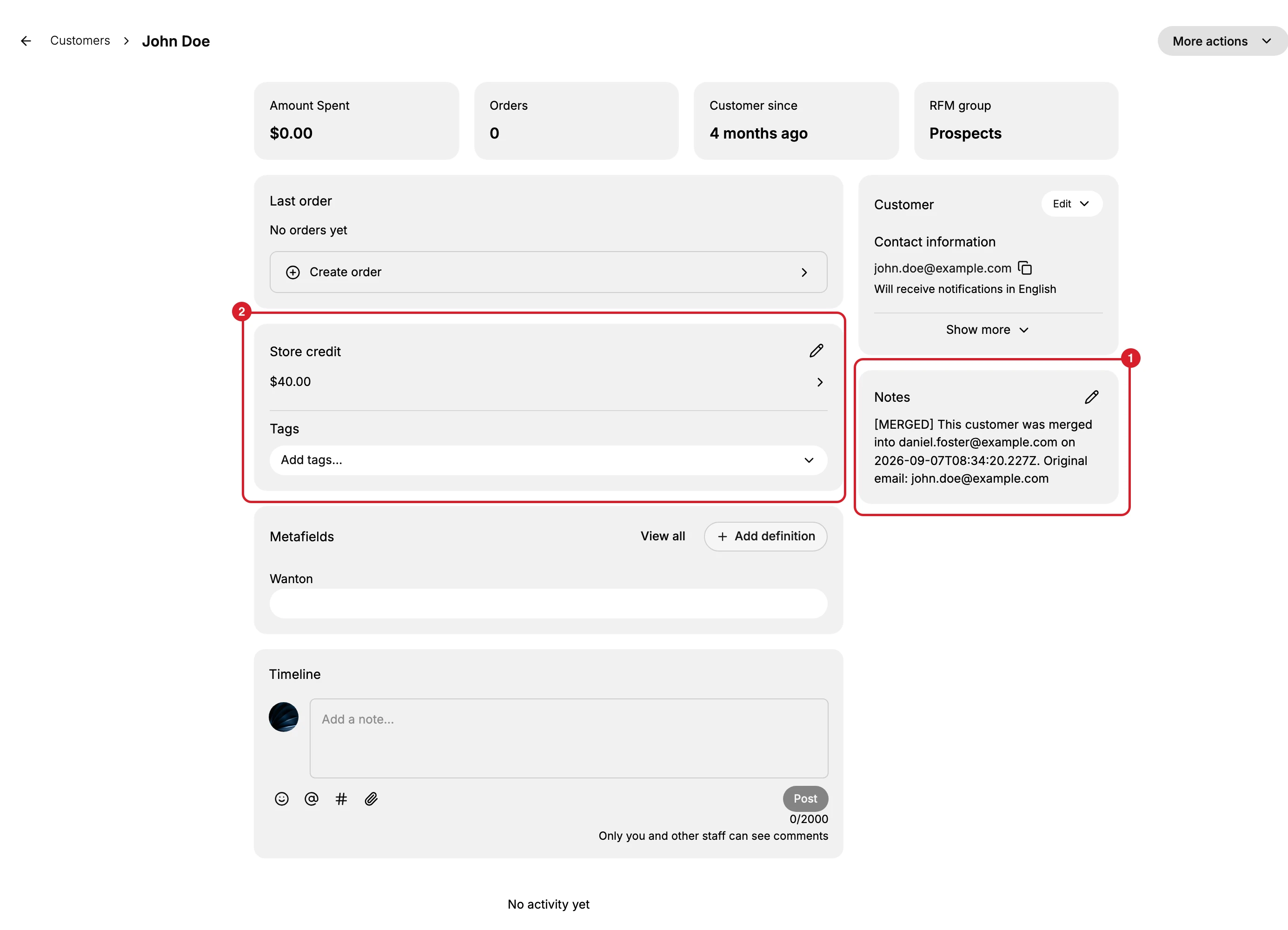 The page of a record that was merged into another one. The breadcrumb reads Customers then the customer's name, Amount Spent reads $0.00, Orders reads 0 and Last order reads No orders yet. (1) the Notes card, holding a line that opens with the word MERGED in square brackets and says the customer was merged into another address, with the date and time and their own former address; (2) the Store credit card, still holding a balance of $40.00. At the foot the Timeline reads No activity yet