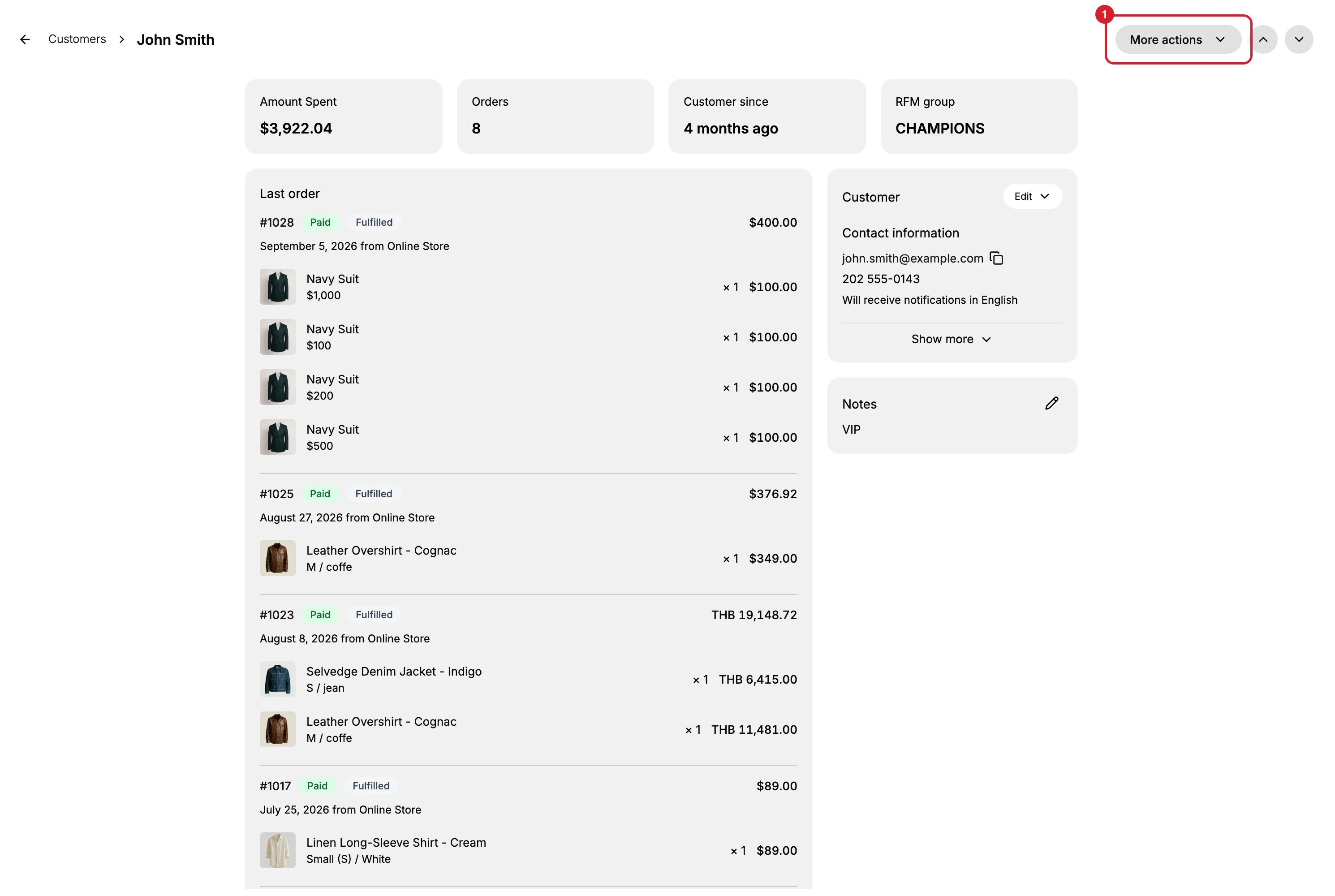 A customer's page in the admin, with the breadcrumb reading Customers then the customer's name at the top left and (1) More actions at the top right of the page, which is the control that holds Merge Customer