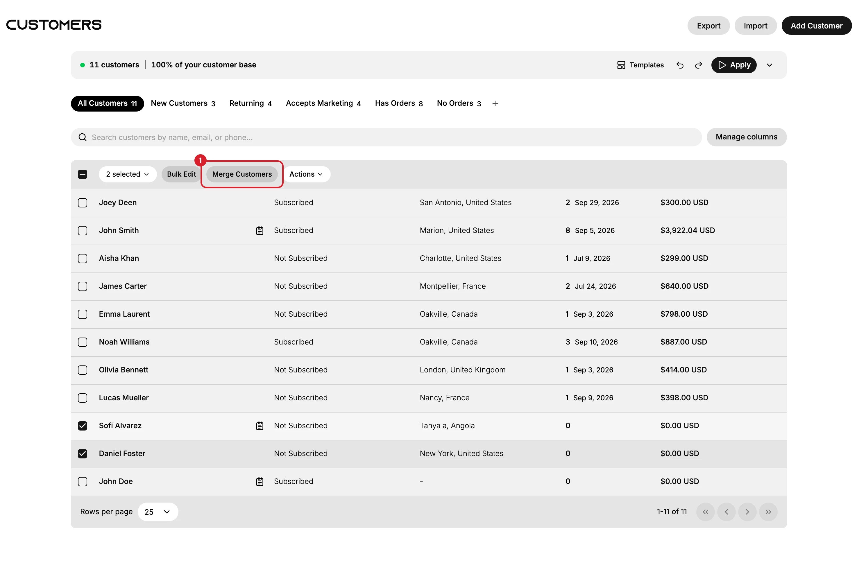 The Customers list in the admin, with the page heading and the tabs above the table. Two rows are ticked, and the bar that has appeared above the table reads 2 selected and carries Bulk Edit, (1) Merge Customers, and Actions