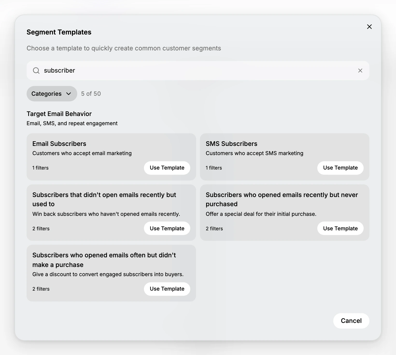The Segment Templates window. It is headed Segment Templates with the line Choose a template to quickly create common customer segments, then a search box containing the word subscriber, a Categories dropdown and a counter reading 5 of 50. Below is the group Target Email Behavior, described as Email, SMS, and repeat engagement, holding five cards: Email Subscribers, SMS Subscribers, Subscribers that didn't open emails recently but used to, Subscribers who opened emails recently but never purchased, and Subscribers who opened emails often but didn't make a purchase. Each card shows a description, a filter count and a Use Template button, and Cancel is at the foot