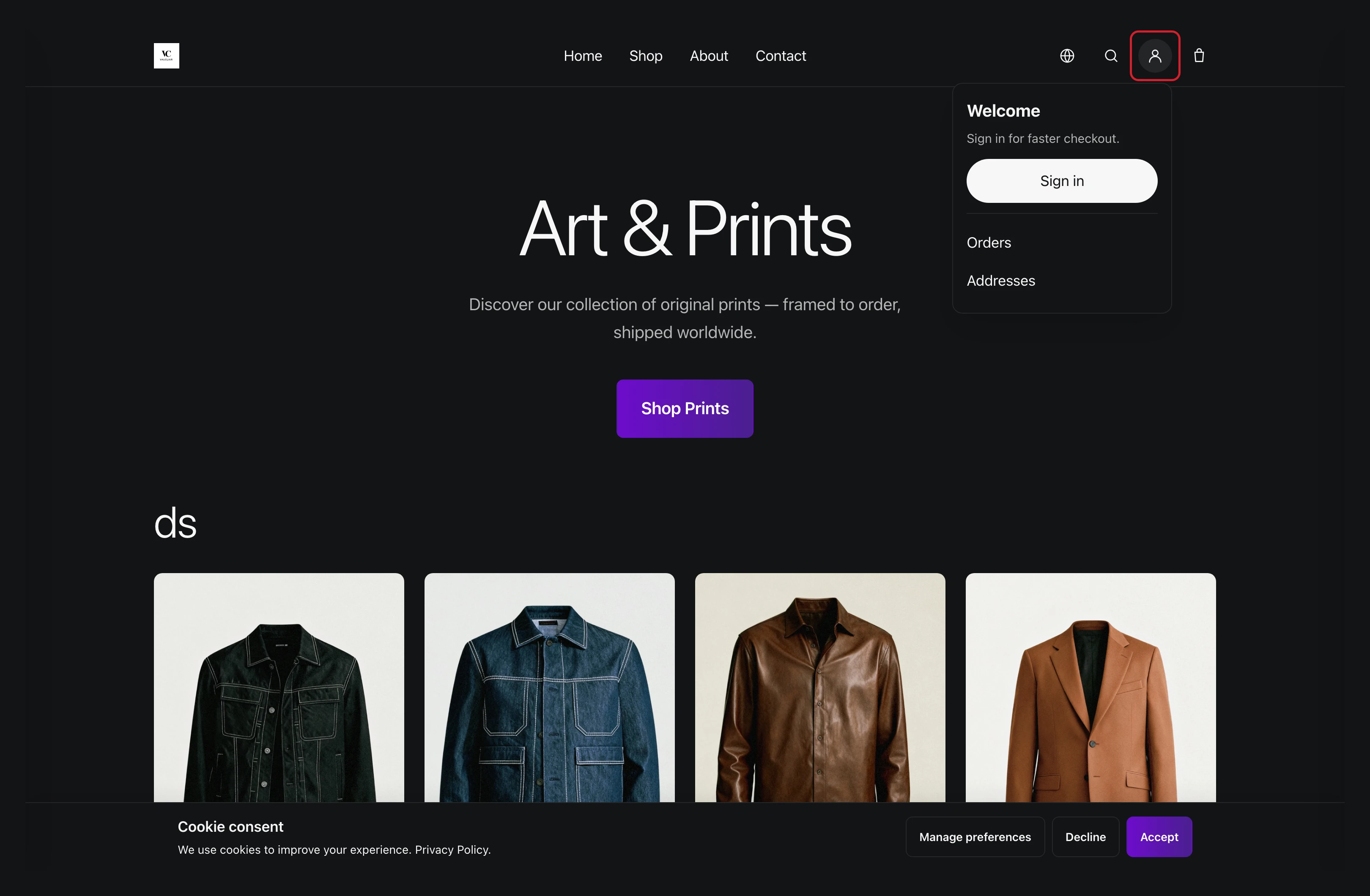 The storefront home page. The person icon in the header, outlined in red, sits beside the language, search and cart icons, with the account panel it opens shown below it