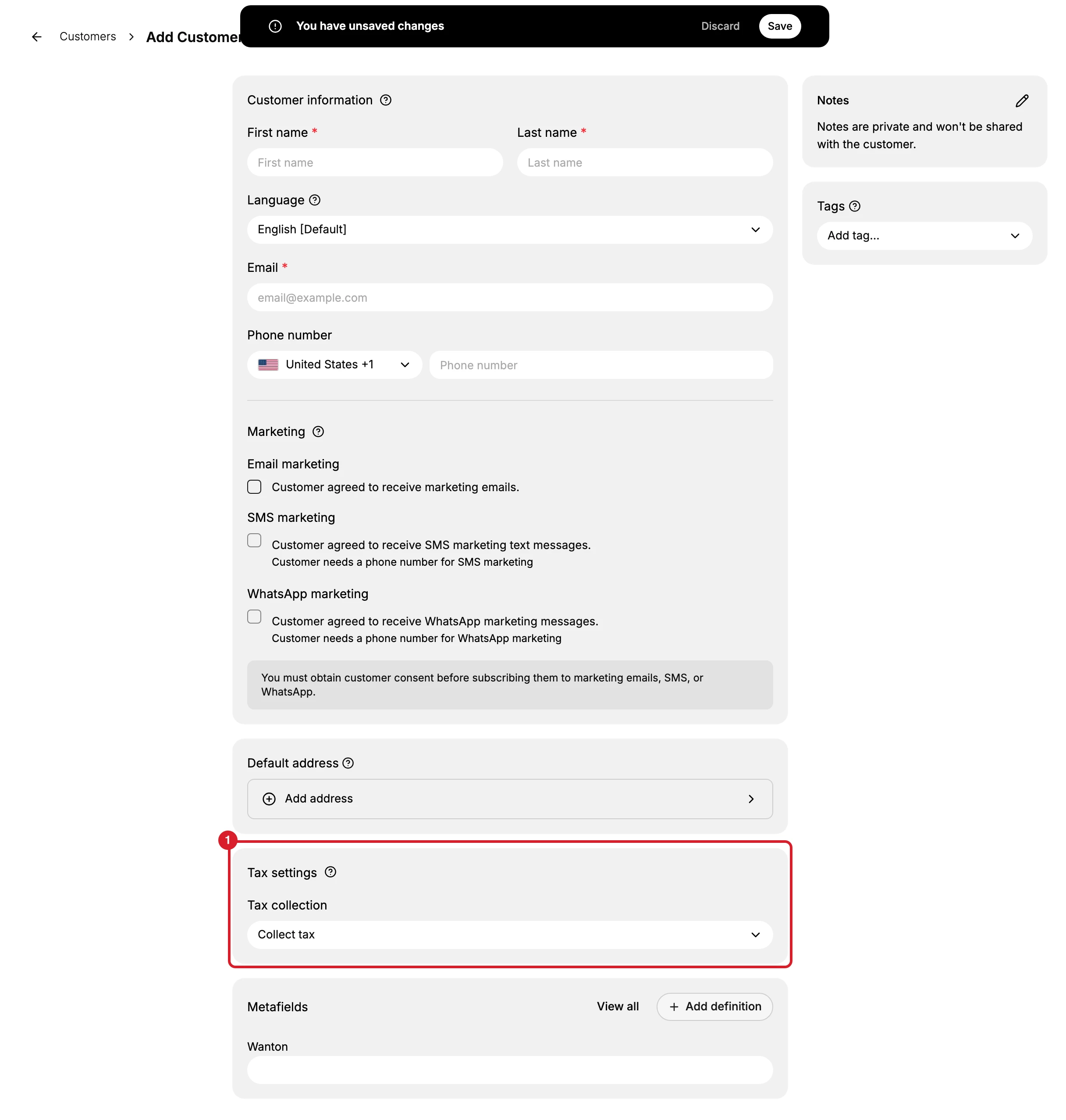 The Add Customer form in the admin, with the breadcrumb reading Customers then Add Customer. The form runs down the page as Customer information, Marketing, Default address and Metafields, and (1) outlines the Tax settings card near the foot of it, holding a Tax collection dropdown reading Collect tax