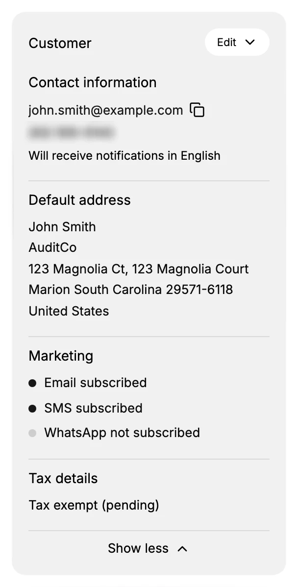 The same Customer card expanded. Below Contact information it now holds Default address, Marketing with its three consents, and Tax details reading Tax exempt (pending), with Show less at the foot
