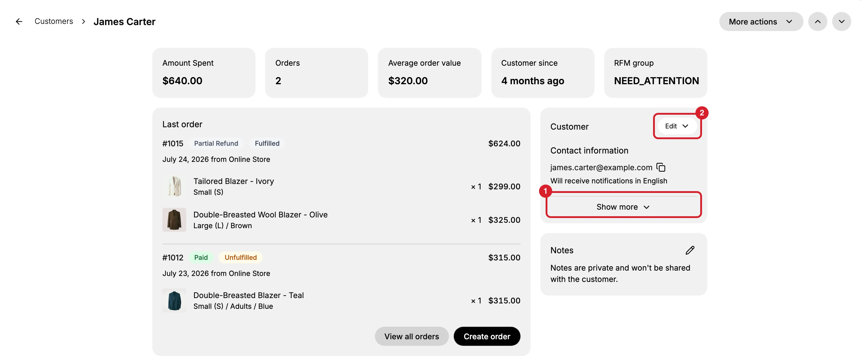 A customer detail page, with the breadcrumb reading Customers then the customer's name. The Customer card sits in the right column holding Contact information, with (1) outlining Show more at its foot and (2) outlining the Edit control at its top right