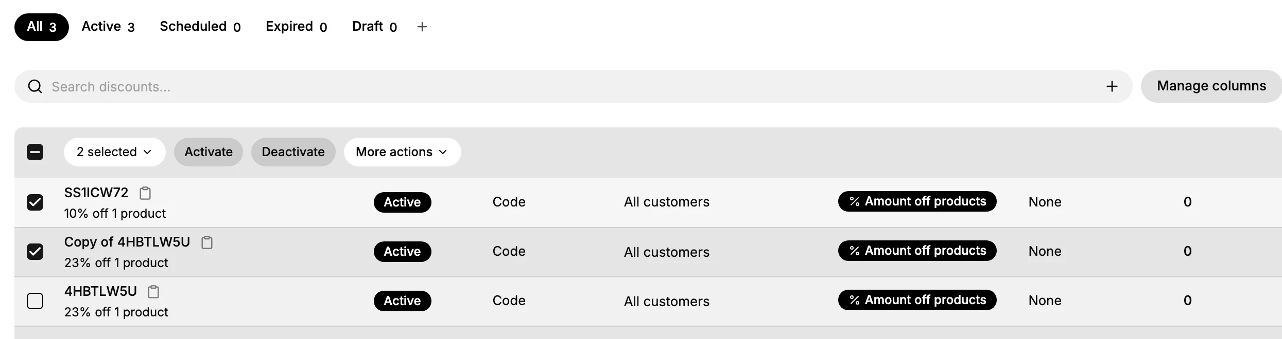 The Discounts list with two discounts selected, showing the bulk action bar with the selected count, Activate, Deactivate, and More actions.